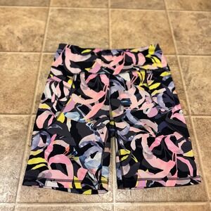 Bebe Sport Womens Abstract Floral Biker Shorts Pink Yellow Blue Pockets Size M